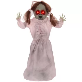   Animált horror baba halloween dekoráció 76 cm magas mozgással, vörös szemekkel és hanghatással