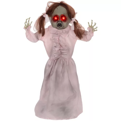 Animált horror baba halloween dekoráció 76 cm magas mozgással, vörös szemekkel és hanghatással