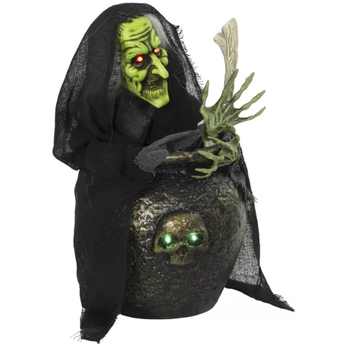 Animált boszorkány halloween asztali dekoráció 47 cm magas mozgó kezekkel, világítással és hanghatásokkal