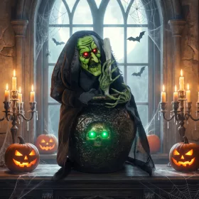   Animált boszorkány halloween asztali dekoráció 47 cm magas mozgó kezekkel, világítással és hanghatásokkal