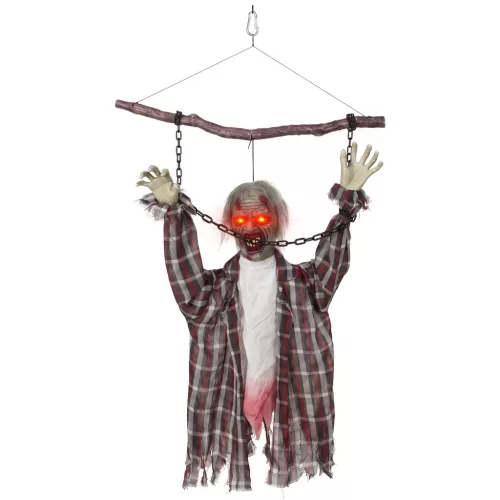 Animált függő zombi halloween dekoráció 110 cm magas világító szemekkel, sikolyokkal és lánccsörgéssel
