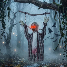   Animált függő zombi halloween dekoráció 110 cm magas világító szemekkel, sikolyokkal és lánccsörgéssel