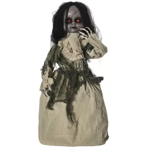 Animált szellem baba halloween dekoráció 83 cm magas mozgásérzékelővel, vörös szemekkel és hanghatással