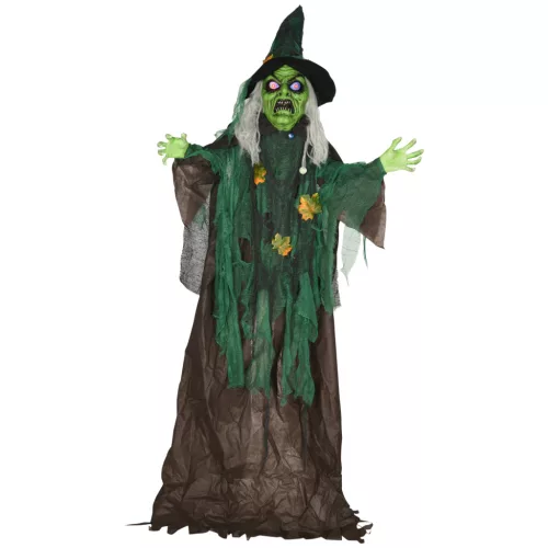 Animált boszorkány halloween dekoráció 183 cm magas mozgó figura világító szívvel, mozgással és hanghatásokkal