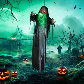   Animált szörny halloween dekoráció 183 cm magas mozgással, vörös szemekkel és zölden világító szájjal