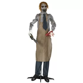   Animált láncfűrészes horrorfigura halloween dekoráció 170 cm magas mozgó figura vörös szemekkel és láncfűrész hanggal