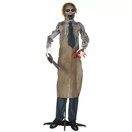 Animált láncfűrészes horrorfigura halloween dekoráció 170 cm magas mozgó figura vörös szemekkel és láncfűrész hanggal
