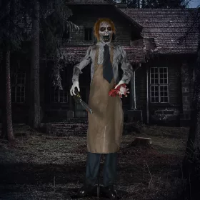   Animált láncfűrészes horrorfigura halloween dekoráció 170 cm magas mozgó figura vörös szemekkel és láncfűrész hanggal