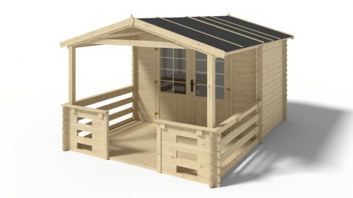 Hétvégi kerti ház verandával és előtetővel 3x2 m, 12 m² terasszal kezeletlen natúr fa könnyűszerkezetes készház