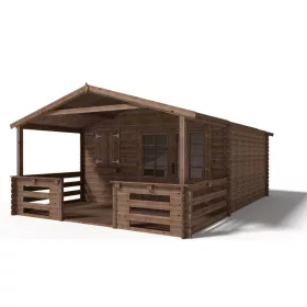   Hétvégi kerti ház verandával és előtetővel 4x3 m, 20 m² terasszal impregnált barna fa könnyűszerkezetes készház