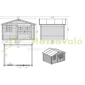   Hétvégi kerti ház verandával és előtetővel 4x3 m, 20 m² terasszal impregnált barna fa könnyűszerkezetes készház