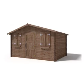   Hétvégi ház 4x3 méter impregnált barna fa könnyűszerkezetes készház zsalugáteres ablakokkal