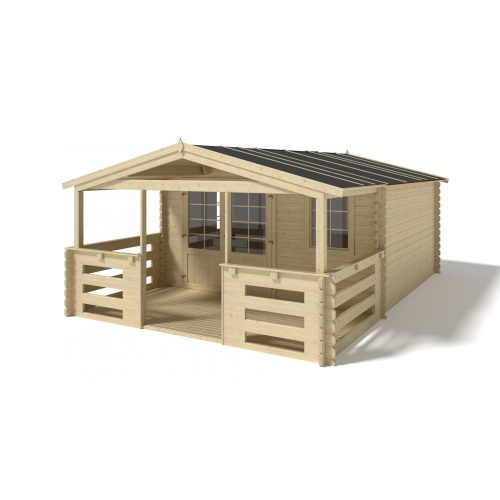 Weekend garden house with veranda and canopy 4x4 m, 24 m² terrace, untreated natural wood, lightweight prefabricated house