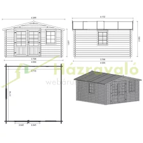   Hétvégi kerti ház verandával és előtetővel 4x4 m, 24 m² terasszal kezeletlen natúr fa könnyűszerkezetes készház