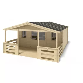   Hétvégi kerti ház verandával és előtetővel 5x4 m, 30 m² terasszal kezeletlen natúr fa könnyűszerkezetes készház
