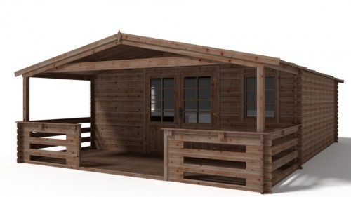 Hétvégi kerti ház verandával és előtetővel 5x5 m, 35 m² terasszal impregnált barna fa könnyűszerkezetes készház