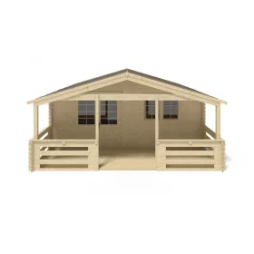   Hétvégi kerti ház verandával és előtetővel 6x5 m, 42 m² terasszal kezeletlen natúr fa könnyűszerkezetes készház