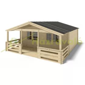   Hétvégi kerti ház verandával és előtetővel 6x5 m, 42 m² terasszal kezeletlen natúr fa könnyűszerkezetes készház
