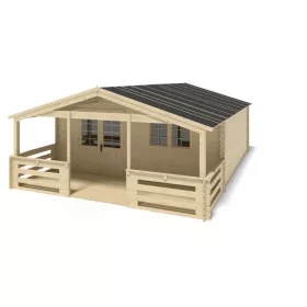   Hétvégi kerti ház verandával és előtetővel 6x6 m, 48 m² terasszal kezeletlen natúr fa könnyűszerkezetes készház