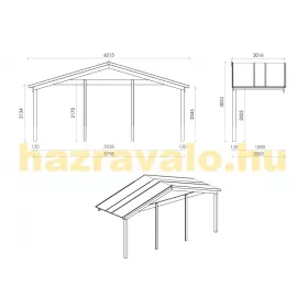   Előtető hétvégi házhoz veranda tetőszerkezet 600x200 cm kezeletlen natúr fa terasz tető
