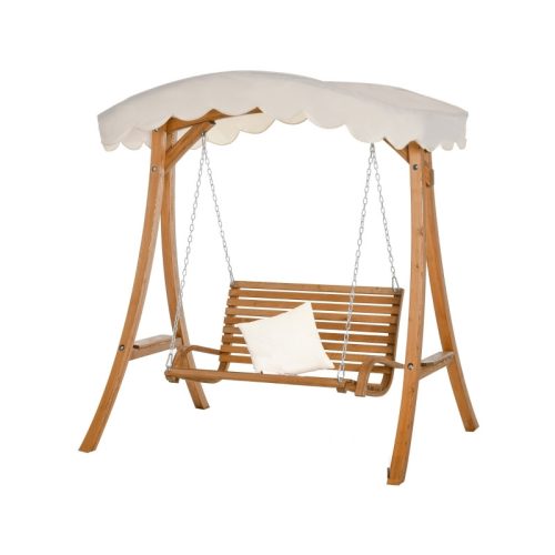 Wooden swing bed for 2 persons pine garden furniture 170x135x170 cm with white awning