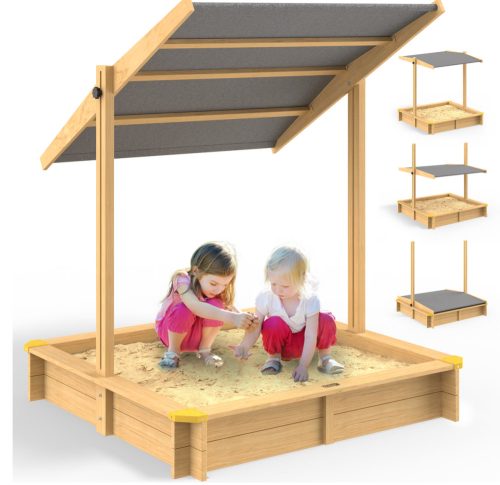 Covered sandbox 120x120x120 cm roof adjustable height and tiltable, pine wood sandbox with anthracite roof