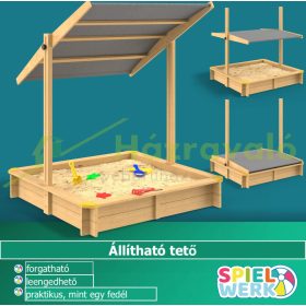   Homokozó fedett 120x120x120 cm tető állítható magasságú és dönthető, fenyőfa homokozó antracit tetővel
