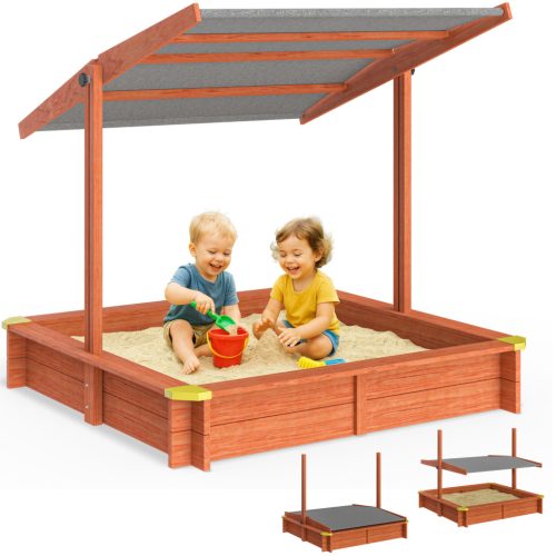 Homokozó fedett 140x140x120 cm tető állítható magasságú és dönthető, fenyőfa homokozó antracit tetővel