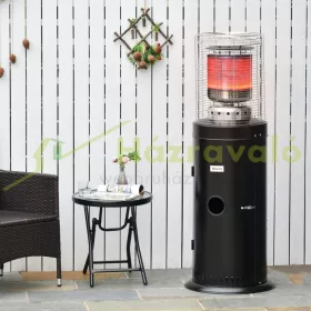   Teraszfűtő hősugárzó Ø55,6x143 cm, hőgomba kézi fogantyúval és kerekekkel, 10kW gázos fűtőtest rozsdamentes acélból