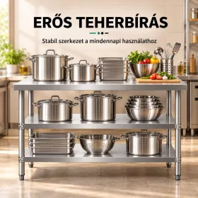 Inox munkaasztal 120×60 cm, rozsdamentes konyhai pult leesésvédő hátsó peremmel, SUS201 acélból