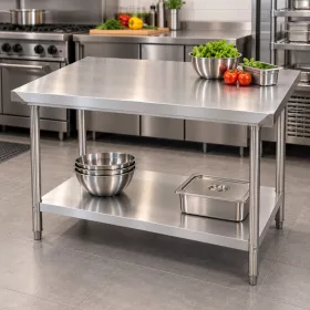 Inox munkaasztal 120×60 cm, rozsdamentes konyhai pult leesésvédő hátsó peremmel, SUS201 acélból