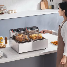 Rozsdamentes elektromos olajsütő inox dupla fritőz 20 literes 5000W 110-220V időzítővel