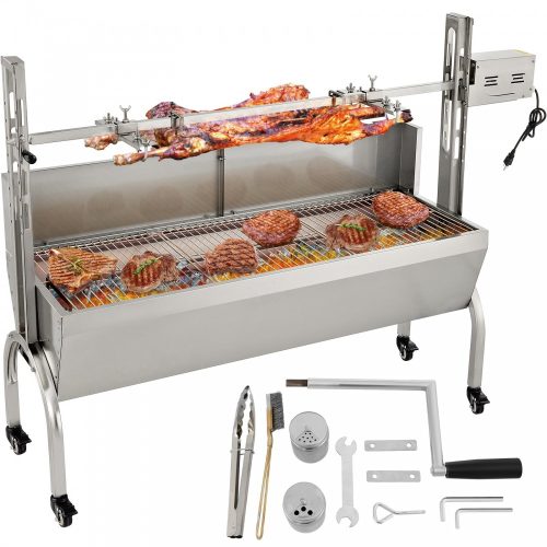 Malacsütő grill kerekekkel 126 cm elektromos nyárs rozsdamentes BBQ 40W-os motorral grill inox forgó