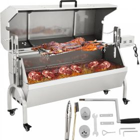   Malacsütő fedeles grill kerekekkel 126 cm elektromos nyárs rozsdamentes BBQ 50W-os motorral grill inox forgó nyárs