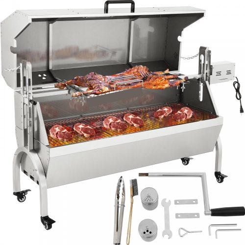 Pig roaster with lid grill with wheels 126 cm electric spit stainless BBQ with 50W motor grill inox rotating spit