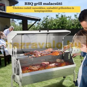   Malacsütő fedeles grill kerekekkel 126 cm elektromos nyárs rozsdamentes BBQ 50W-os motorral grill inox forgó nyárs