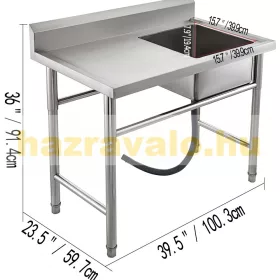   Inox ipari mosogató asztal munkafelülettel 100x60x91 cm 1 mosogatómedencével nagykonyhai rozsdamentes bútor