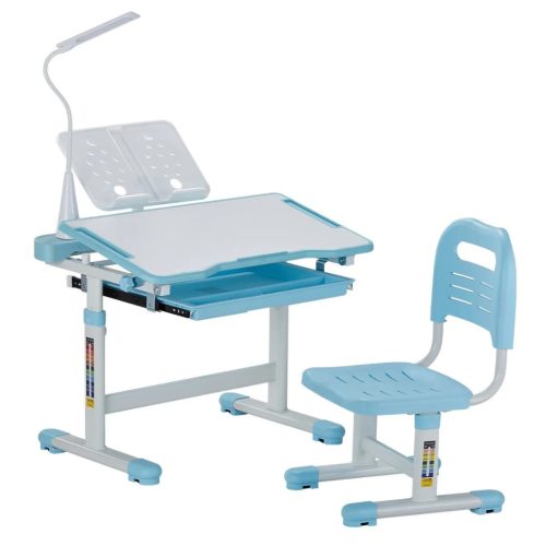 Állítható magasságú gyerekszoba íróasztal székkel kék színben, beépített asztali lámpával