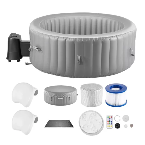 Felfújható jakuzzi 4-6 személy részére 208x66 cm kerek, hordozható otthoni jakuzzi 130 masszázsfúvókával, LED világítással