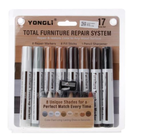 Fa javító filctoll és javító viasz 17 darabos készlet bútorjavító, fajavító toll bútorjavító viasz parketta asztallap karcjavító