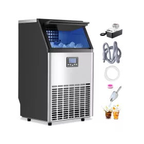   kereskedelmi jéggép (45 kg/nap) 15 kg tárolókapacitással és leeresztő szivattyúval, 45 jégkocka 15 perc alatt, LED digitális kijelzővel, öntisztító jéggép bárokba, irodákba, éttermekbe
