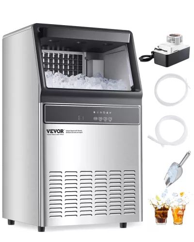 kereskedelmi jéggép (50 kg/nap) 15 kg tárolókapacitással és leeresztő szivattyúval, 50 jégkocka 15 perc alatt, LED digitális kijelzővel, öntisztító jéggép bárokba, irodákba, éttermekbe