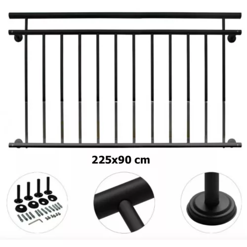 Franciaerkély korlát fekete porszórt acél korlát 225x90 cm 