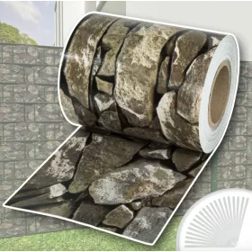   Kőmintás kerítésbe fűzhető PVC műanyag szalag 70m hosszú 19cm magas tört köves világos belátásgátló szélfogó