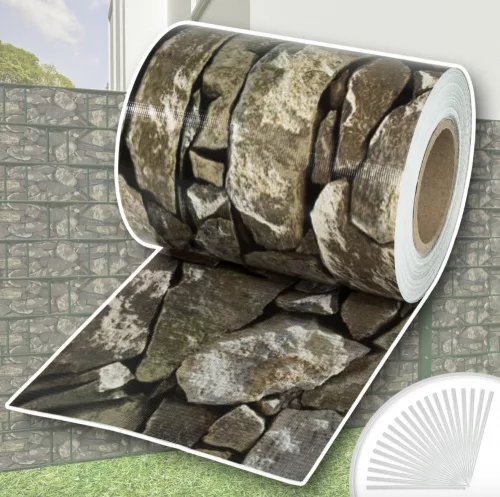 Kőmintás kerítésbe fűzhető PVC műanyag szalag 70m hosszú 19cm magas tört köves világos belátásgátló szélfogó