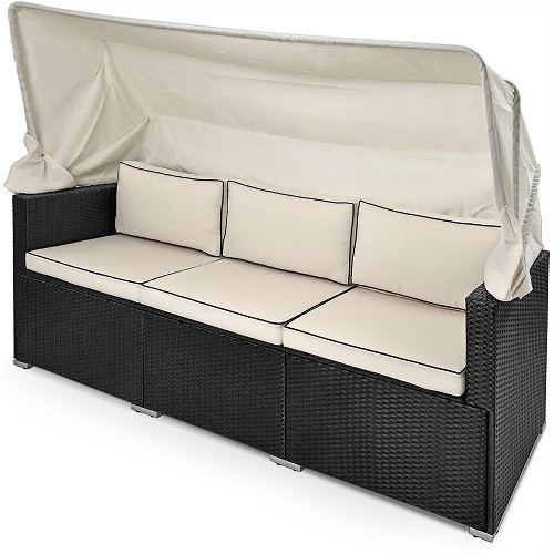 Polirattan sofa three-seater sunbed with awning black-beige