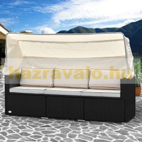   Polirattan kanapé háromszemélyes napágy napellenzővel fekete-bézs