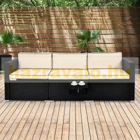   Polirattan kanapé háromszemélyes multifunkciós napágy kihajtható asztallal fekete-bézs