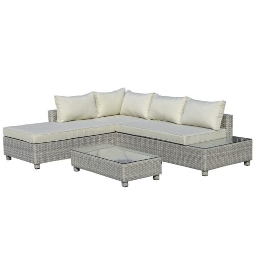 Polyrattan seating set five-person sofa weatherproof gray-beige