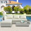 Polyrattan seating set five-person sofa weatherproof gray-beige